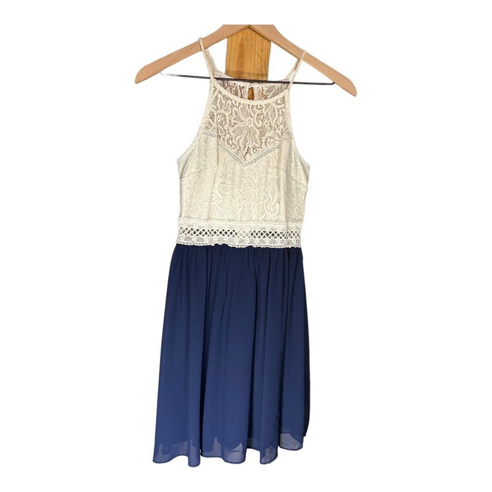 By & By Navy Juniors Blue and White Dress Size 3 Lace Detail Slip Underlay